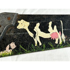 Vintage Hand Saw Painted with Farm Animals Rust included Rustic Farmhouse